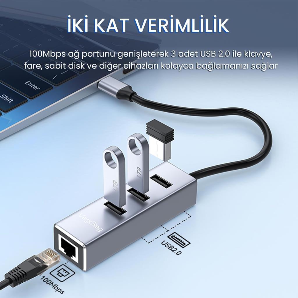 Veggieg USB 2.0 To 100MBPS Ethernet Çevirici ve 3 Portlu USB Hub Çoklayıcı