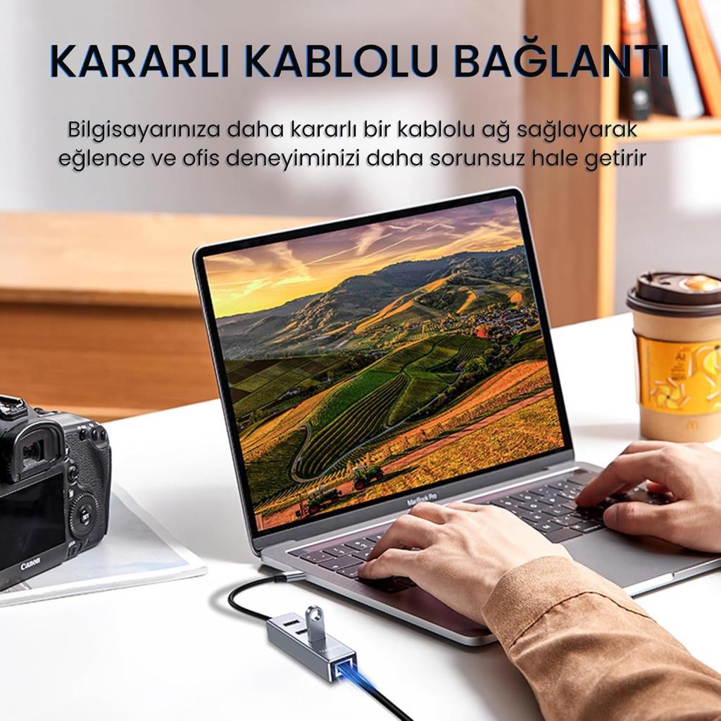 Veggieg USB 2.0 To 100MBPS Ethernet Çevirici ve 3 Portlu USB Hub Çoklayıcı