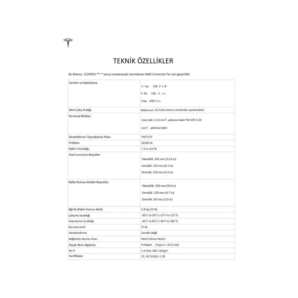 Tesla Wall Connector 22 kW Kablolu Elektrikli Araç Şarj İstasyonu