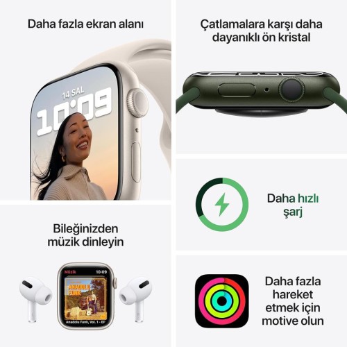 Apple Watch Series 7 GPS 45mm Yıldız Işığı Alüminyum Kasa ve Spor Kordon Akıllı Saat Teşhir