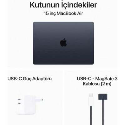 MacBook Air M3 8 GB 256 GB SSD 15.3" MRYU3TU/A Gece Yarısı (İthalatçı Garantili)