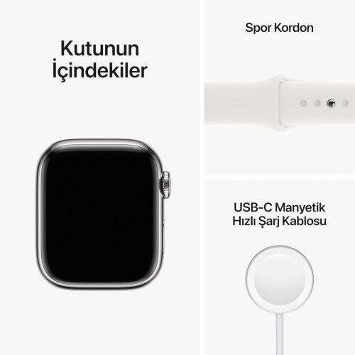 Apple Watch Series 8 GPS + Cellular 41mm Gümüş Paslanmaz Çelik Kasa ve Spor Kordon Akıllı Saat - Outlet