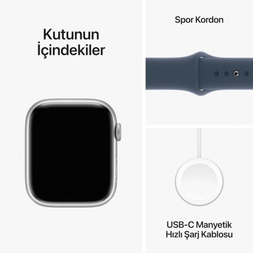 Apple Watch Series 9 GPS 45mm Gümüş Rengi Alüminyum Kasa ve Fırtına Mavisi Spor Kordon Akıllı Saat