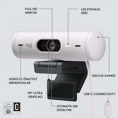 Logitech Brio 500 Beyaz Full HD 1080P Mikrofonlu Webcam - Outlet