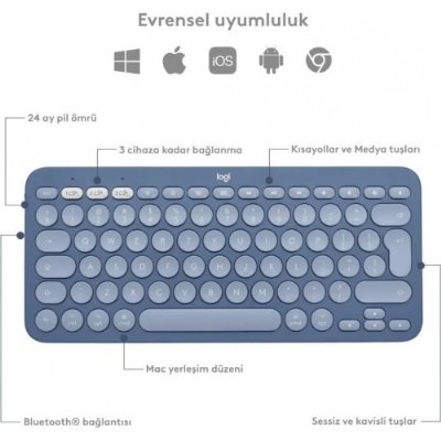 Logitech K380 Mavi Kablosuz Klavye - Teşhir