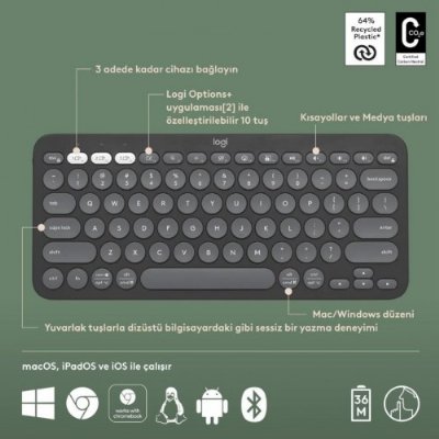 Logitech Pebble Keys 2 K380S 920-011859 Siyah Kablosuz Klavye Teşhir