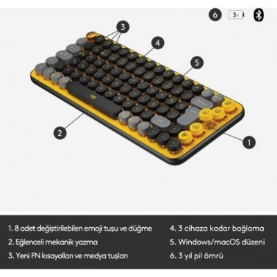 Logitech POP Keys Sarı Siyah Kablosuz Mekanik Klavye - Teşhir