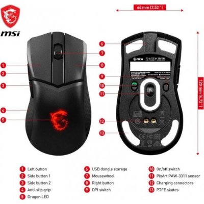 MSI Clutch GM31 Lightweight RGB Makrolu Şarjlı Ergonomik Optik Kablosuz Oyuncu Mouse