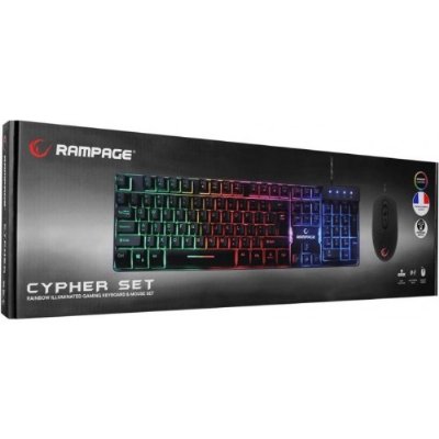 Rampage Siyah Usb Gökkuşağı Zemin Aydınlatmalı French/Arabic Layout Oyuncu Klavye + Mouse Set uyumlu Teşhir