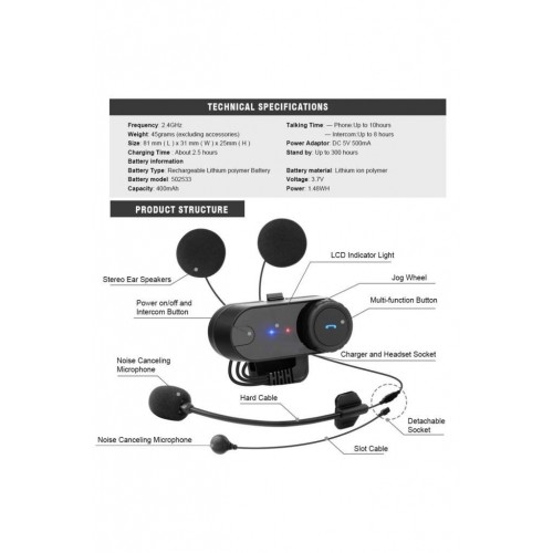 Airstorr Tcom-Vb Motosiklet Bluetooth Kask Interkom 800M Kulaklık Kablosuz Kulaklık Fm Radyo - Açık Siyah